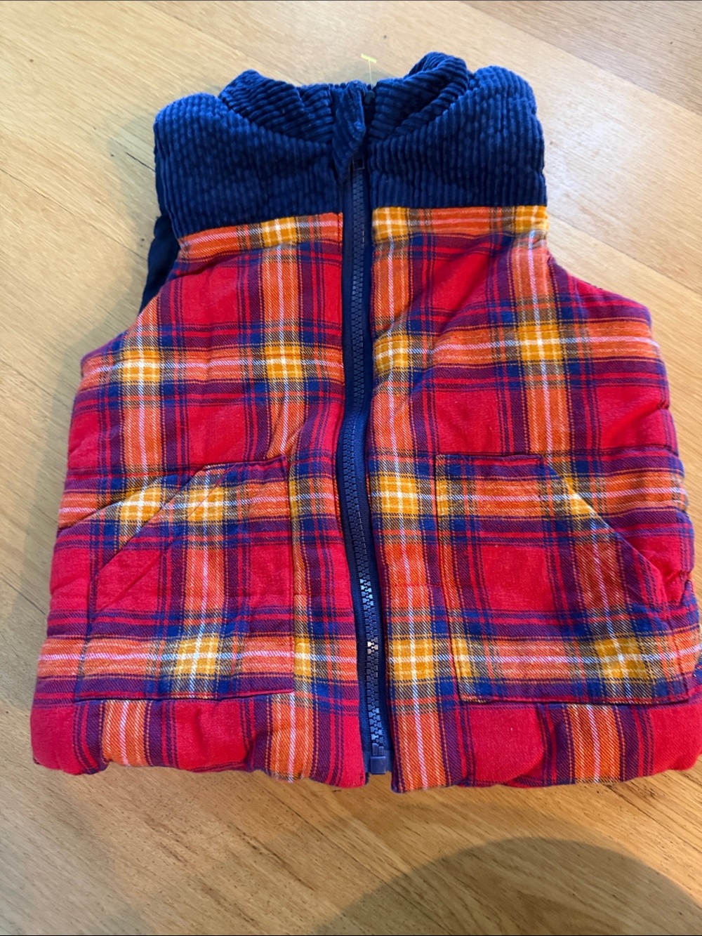 Tahari Red Plaid Puffer Vest with Navy Corduroy Collar